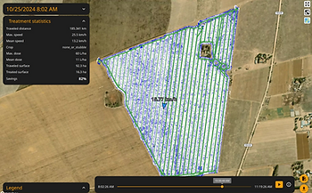 Aerial view showing a field with treatment statistics overlay. Green and blue lines indicate routes and speed. Background shows farmland.